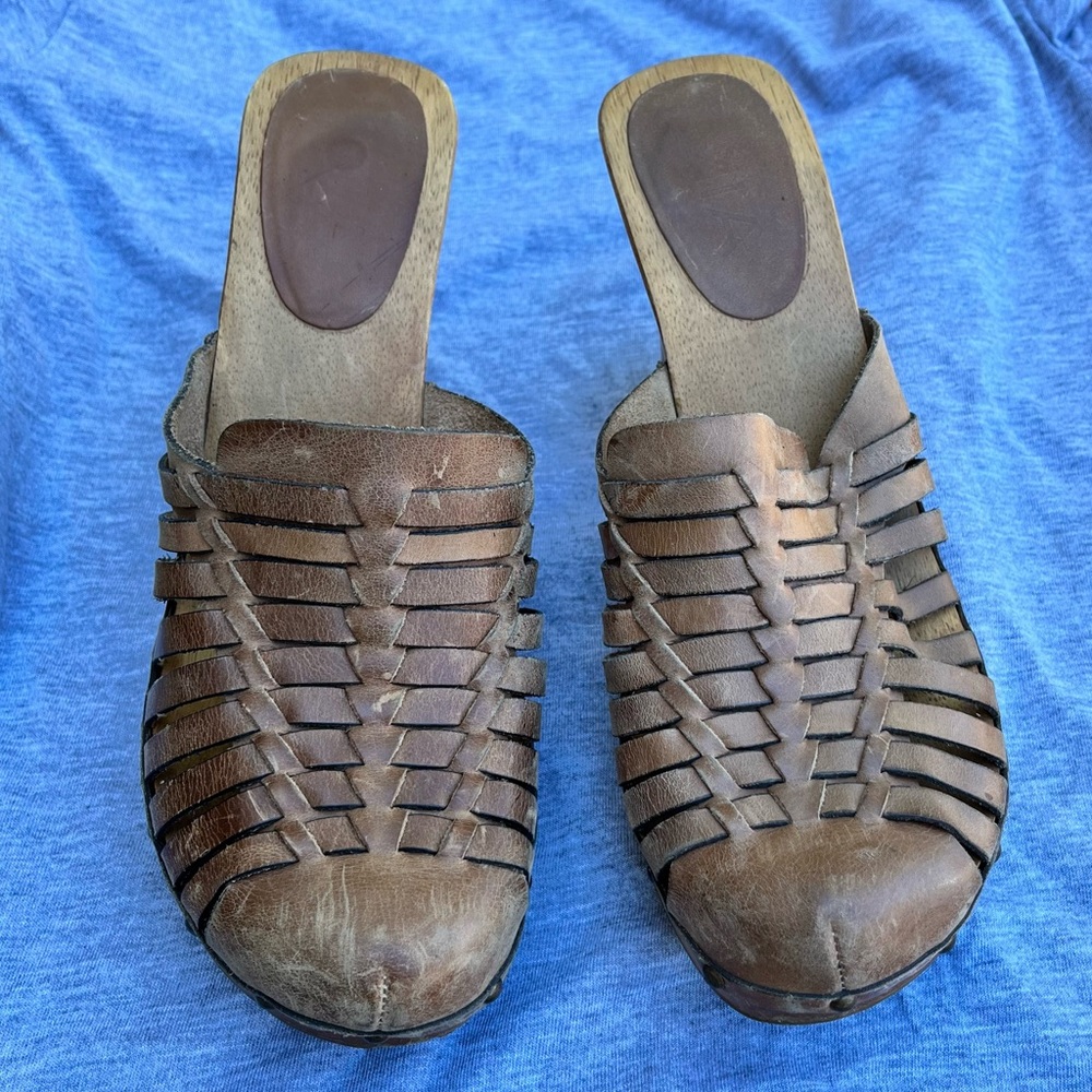 MIA Wooden Mule Clogs With Basket Weave Tan/Brown Leather